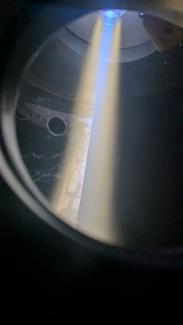 Picture of the plasma stream in the HELMUT microwave plasma generator.